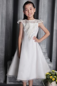 White Princess Bateau Tea-length Tulle Lace Flower Girl Dress
