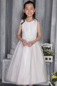 White Princess Scoop Ankle-length Organza Appliques Flower Girl Dress