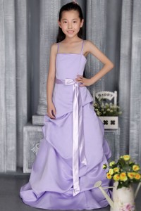 Lilac Straps Brush Train Taffeta Sash Flower Girl Dress