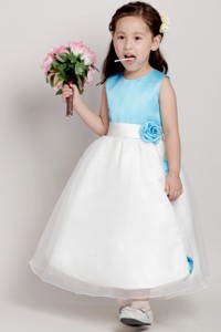 White And Blue Scoop Ankle-length Taffeta And Organza Hand Made Flowers Flower Girl Dress