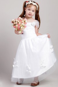 White Straps Ankle-length Taffeta And Tulle Hand Made Flowers Flower Girl Dress