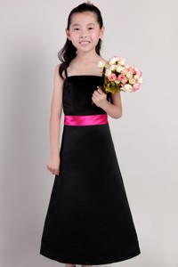 Black Straps Ankle-length Taffeta Sash Flower Girl Dress