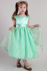 Apple Green Square Tea-length Organza Belt Little Girl Dress