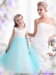 Popular White And Baby Blue Scoop Flower Girl Dress
