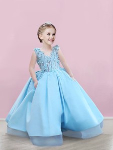 Elegant V Neck Applique Flower Girl Dress in Baby Blue 