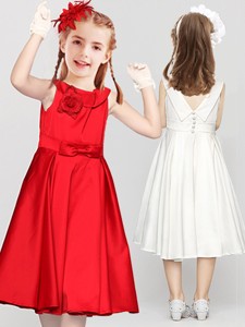 New Style Bowknot Button Up Red Flower Girl Dress in Tea Length 