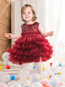 Lovely Wine Red Short Flower Girl Dress with Sequins and Ruffled Layers 