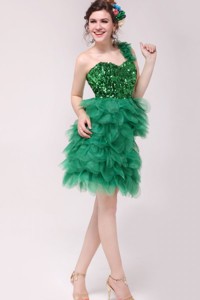 Green One Shoulder Sequins And Ruffles Prom Dress