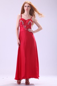 Column Straps Ankle-length Beading Red Chiffon Prom Dress