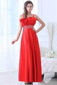 Taffeta Red Empire One Shoulder Ankle-length Beading Prom Dress