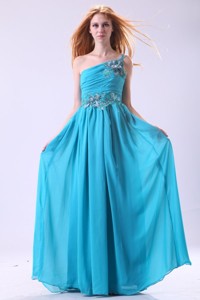 Blue Empire Appliques One Shoulder Beading Chiffon Prom Dress