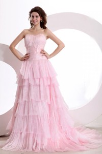 Exquisite Sweetheart Court Train Ruching Pink Prom Dress