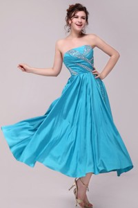 Elegant Aqua Blue Strapless Taffeta Beading Ankle -length Prom Dress