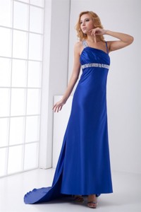 Column Blue Asymmetrical Brush Train Elastic Woven Satin Beading Prom Dress with Backless