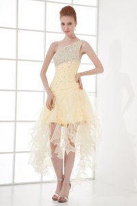 One Shoulder High-low Ruchings Beading Organza Light Yellow Prom Dress