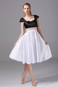 White And Black Satin Knee-length Prom Dress Cap Sleeves