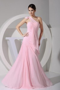 One Shoulder Pink Chiffon Floor-length Prom Dress