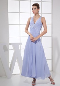 Appliques V-neck Lilac Chiffon Ankle-length Prom Dress