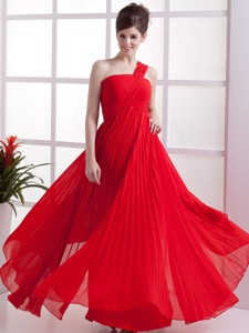 One Shoulder Red Pleated floor-lenght Empire Chiffon Prom Dress