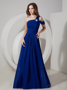 Wonderful Peacock Blue Evening Dress Empire One Shoulder Chiffon Ruch Floor-length