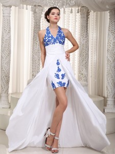 White Column Halter Floor-length Taffeta Appliques Prom Dress