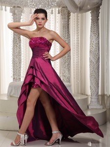 Wine Red Strapless Asymmetrical Taffeta Sequins Prom Dress