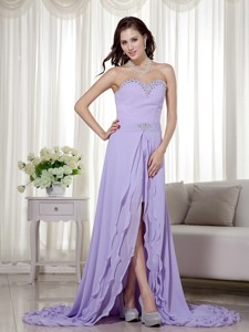 Lilac Detachable High Low Chiffon Prom Dress Sweetheart Brush Train Beading