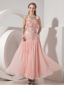 Customize Light Pink Evening Dress Column Strapless Chiffon and Taffeta Beading Ankle-length