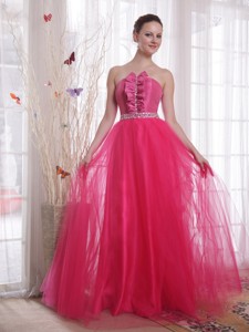 Hot Pink princess Strapless Floor-length Tulle Beading Prom Dress