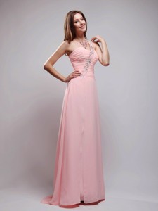 Baby Pink Empire One Shoulder Brush Train Chiffon Beading and Ruch Prom Dress
