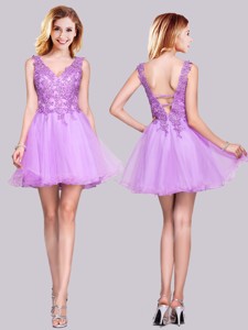 Popular V Neck Organza Backless Applique and Lace Prom Dress in Lilac
