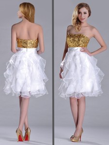 Classical Organza Sequined and Ruffled Prom Dress in White and Gold
