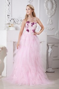 Baby Pink Sweetheart Brush Train Taffeta And Tulle Appliques Prom Dress