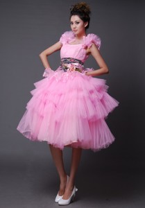 Columbus Hand Made Flowers Decorate Straps And Wasit Organza And Tulle Ruffled Layers Pink