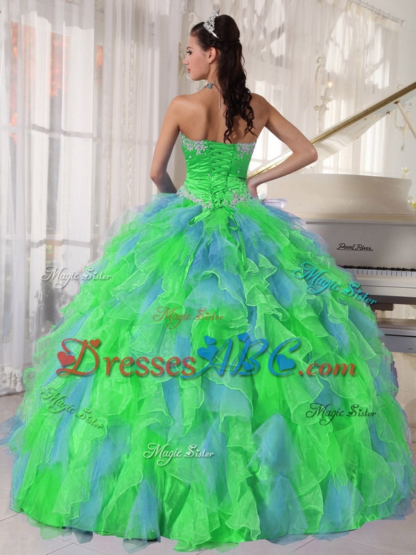 Multi-color Sweetheart Appliques Quinceanera Dress with Green Flower