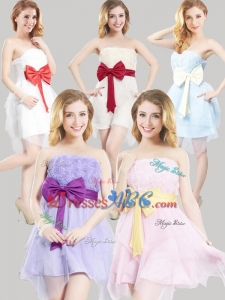2016 Affordable Strapless Uneven Short Bottom Dama Dresses with Bowknot