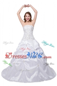 Puffy Strapless Brush Train White Quinceanera Dress with Beading and Pick Up