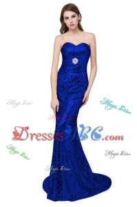 Sexy Column Sweetheart Brush Train Royal Blue Prom Dresses with Sequins
