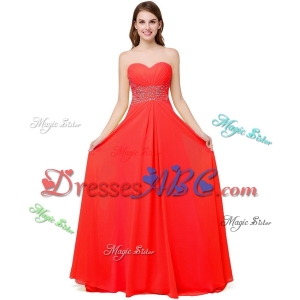Fashionable Sweetheart Brush Train Chiffon Lace Up Beaded Prom Dresses in Coral Red