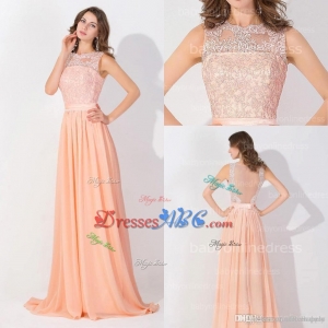 Peach Pink Long Chiffon Cheap Prom Dresses 2017 Lace Real Image Backless Sheer Long Evening Gowns In