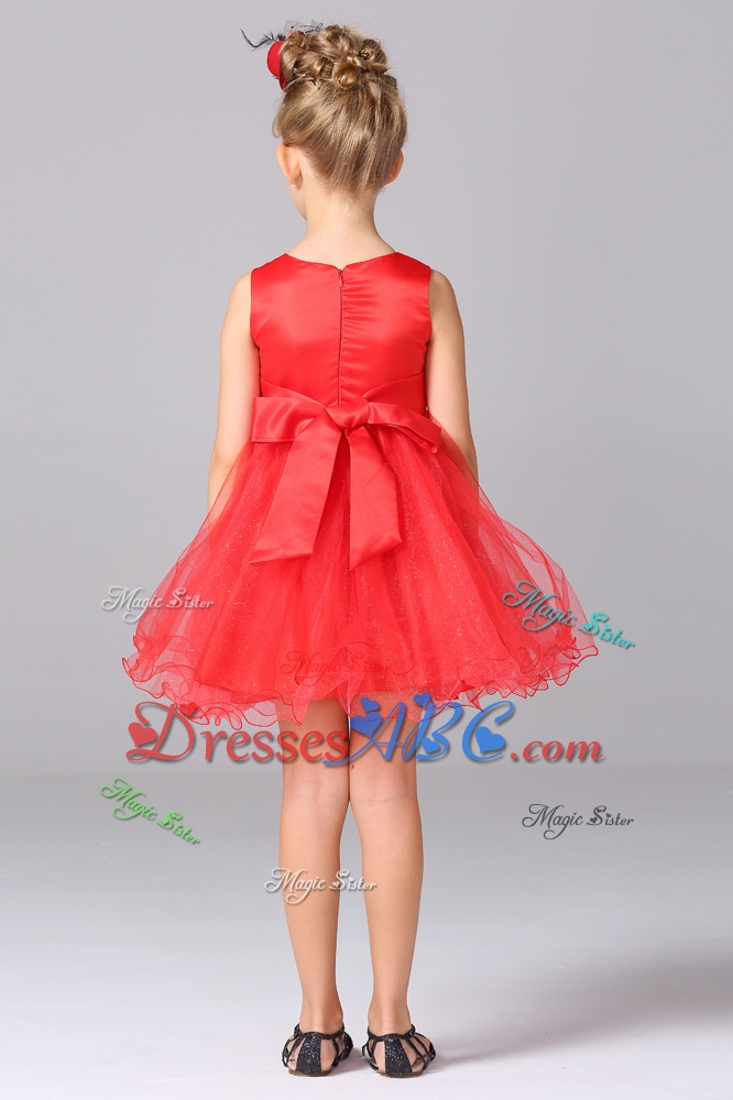 Elegant A-Line Scoop Mini-length Red Flower Girl Dress with Appliques and Bowknot