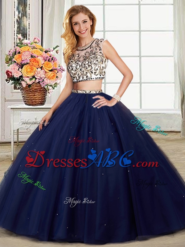 Gorgeous Two Piece Scoop Navy Blue Removable Quinceanera Gowns with Brush Train