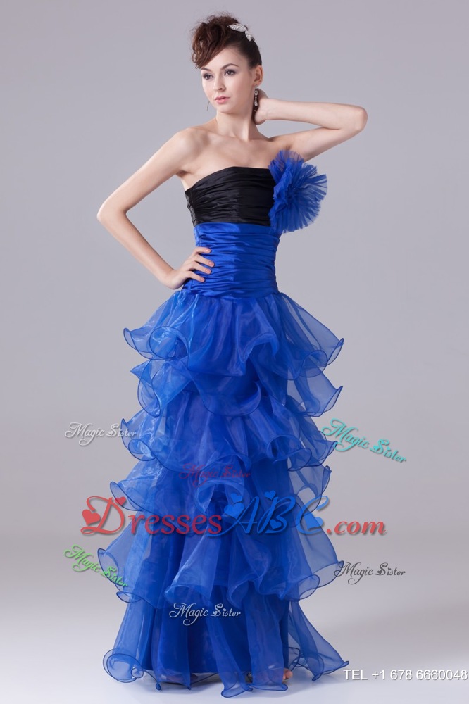 Blue Handle Flowers And Ruffled Layers Celebrity Dress With Black Breast