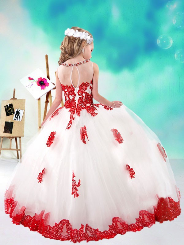 Lovely Beaded And Appliques Little Girl Pageant Dress In White And Red