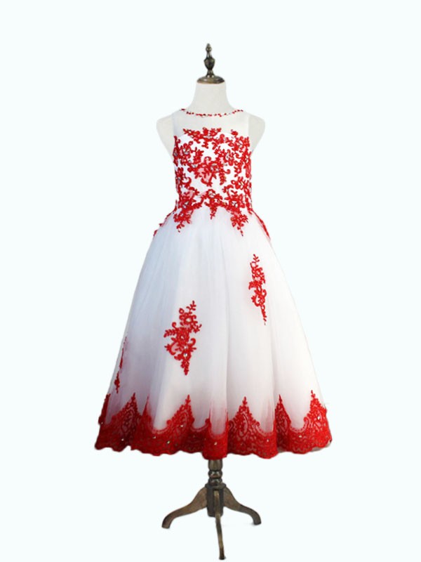Lovely Beaded And Appliques Little Girl Pageant Dress In White And Red