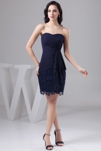Navy Blue Bowknot Decorate Nightclub Gown Dress In Chiffon And Lace