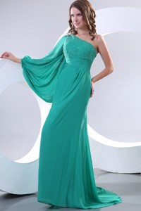 Green One Shoulder Long Sleeve Beaded Decorate Maxi Dress