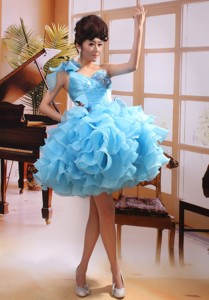 One Shoulder Baby Blue Mini-length Prom Gowns With Organza Ruffles Hottest In Stirling U