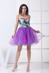 Ruching And Flower Accent Mini Organza Cocktail Dress With Colorful Print