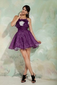 Lovely Dark Purple Princess Prom Homecoming Dress Strapless Organza Hand Made Flowers Min